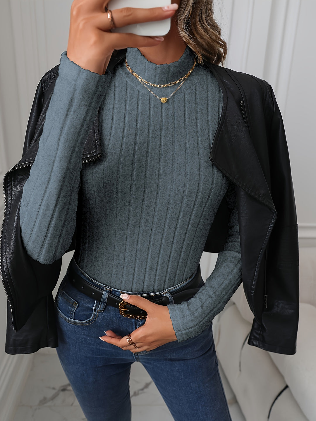 Elegant Dark Gray Ribbed Knit T-Shirt - Mock Neck, Long Sleeve, Stretchy Polyester Blend, Machine Washable - Chic & Versatile for All Seasons