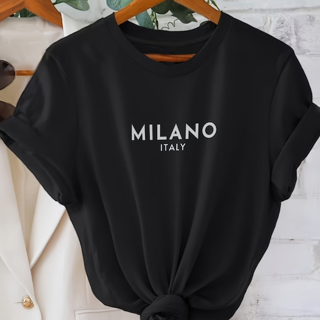 Milano Letter Print T-shirt, Casual Crew Neck Short Sleeve Top For Spring & Summer, Women's Clothing