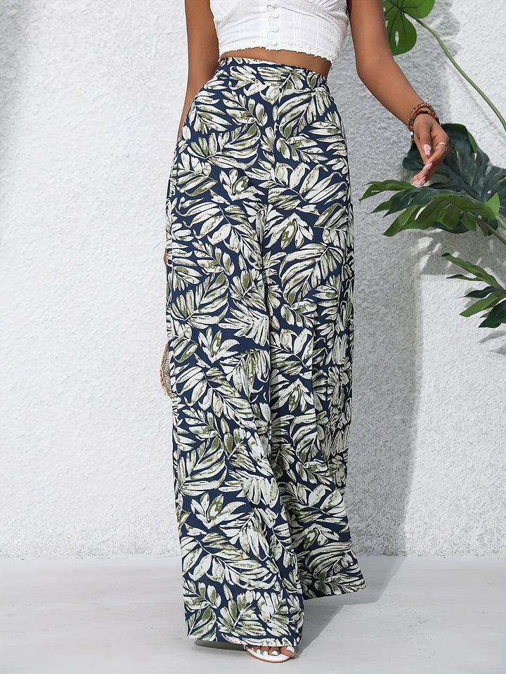 Bohemian Chic Plants Print Palazzo Pants - Casual High Waist Elastic Wide Leg - Perfect for Summer Beach Vacations - Comfortable Womens Clothing