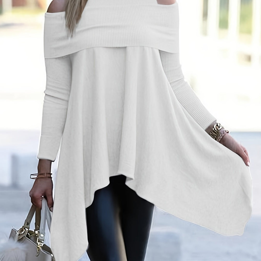 Cold Shoulder Asymmetrical Tunics, Casual Crew Neck Ruched Solid Tunics, Women's Clothing