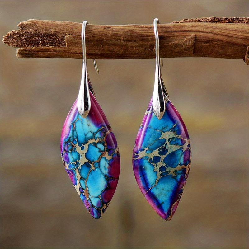 Exquisite Bohemian Imperial Stone Leaf Dangle Earrings - Natural, Handcrafted, Hypoallergenic Jewelry Gift for Women - Unique, Statement-Making, Everyday Accessory