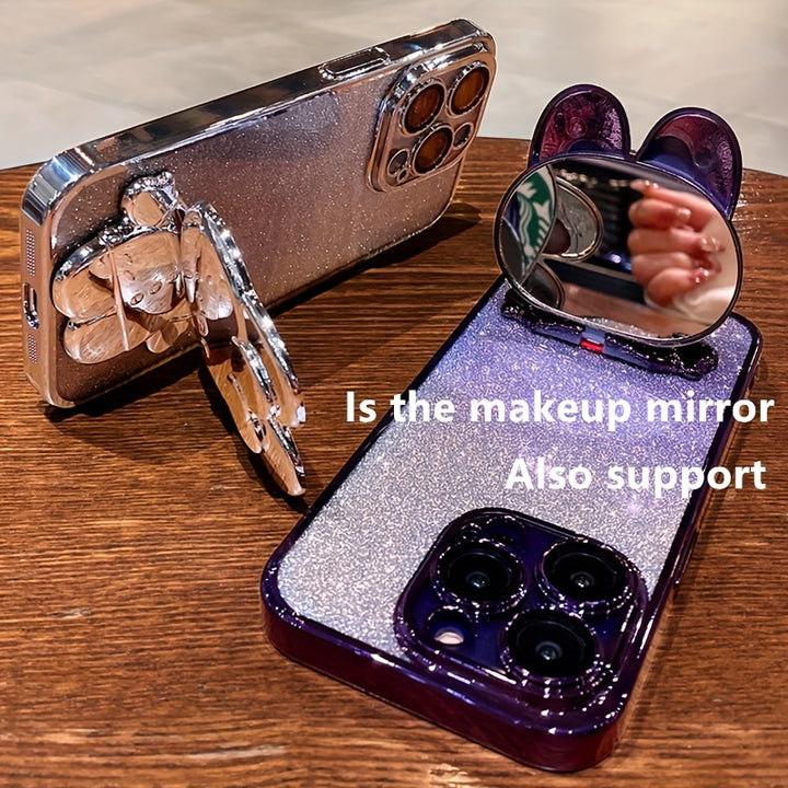 Kawaii Cat Invisible Make-up Mirror Bracket With Lens Film Gradient Flash Powder Advanced Sense All-inclusive Anti-fall Phone Case For Apple Iphone