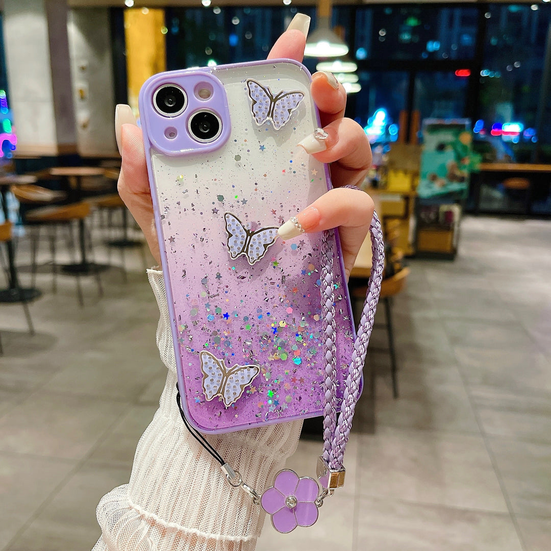 Gradually Sparkling Starry Sky Pink For IPhone 15 15Pro 15Plus 15Promax 14Pro 14Plus 14Promax 13 13Pro 13Promax 12 12Pro 12Promax 11Promax 11 Flash Rhinestone Butterfly Graphic Phone Case With Hanging Strap