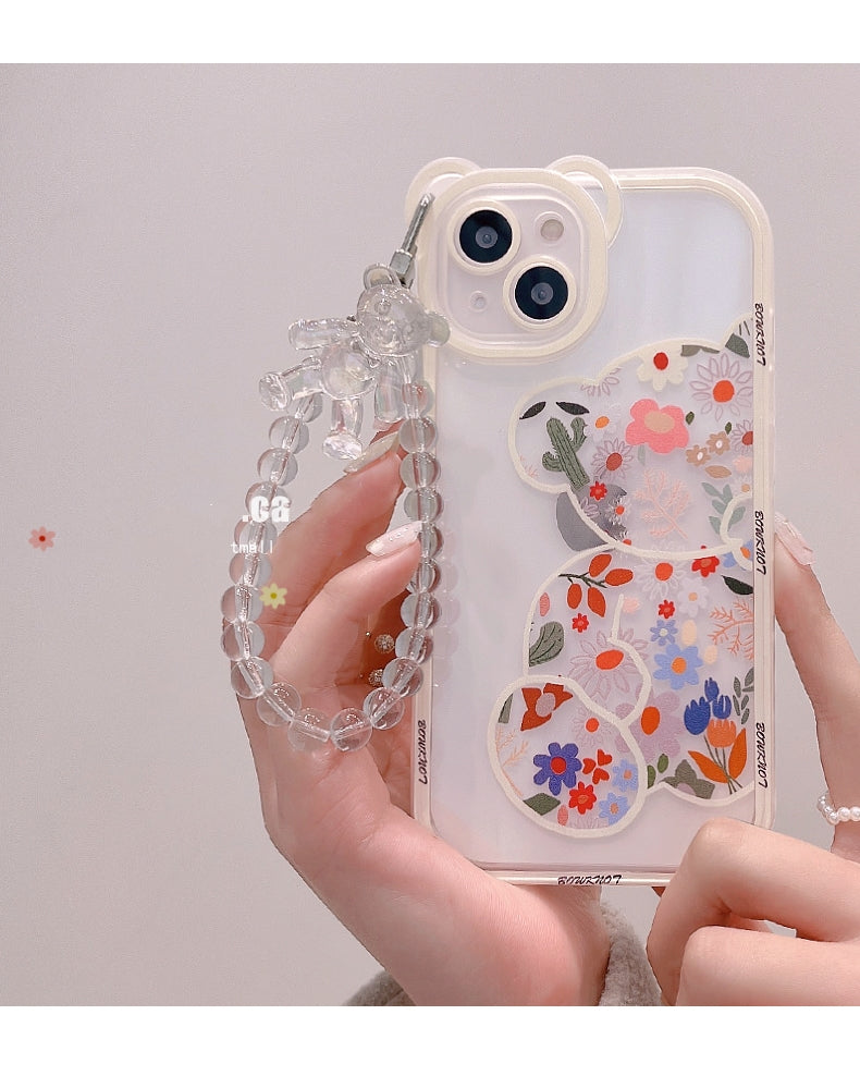 Cute Cartoon Bear & Flower Pattern Phone Case with Bead Bracelet for iPhone 13/11/14 Pro Max/12 XR/XS/7/8 Plus SE 2020/2022 SE/Mini 2022