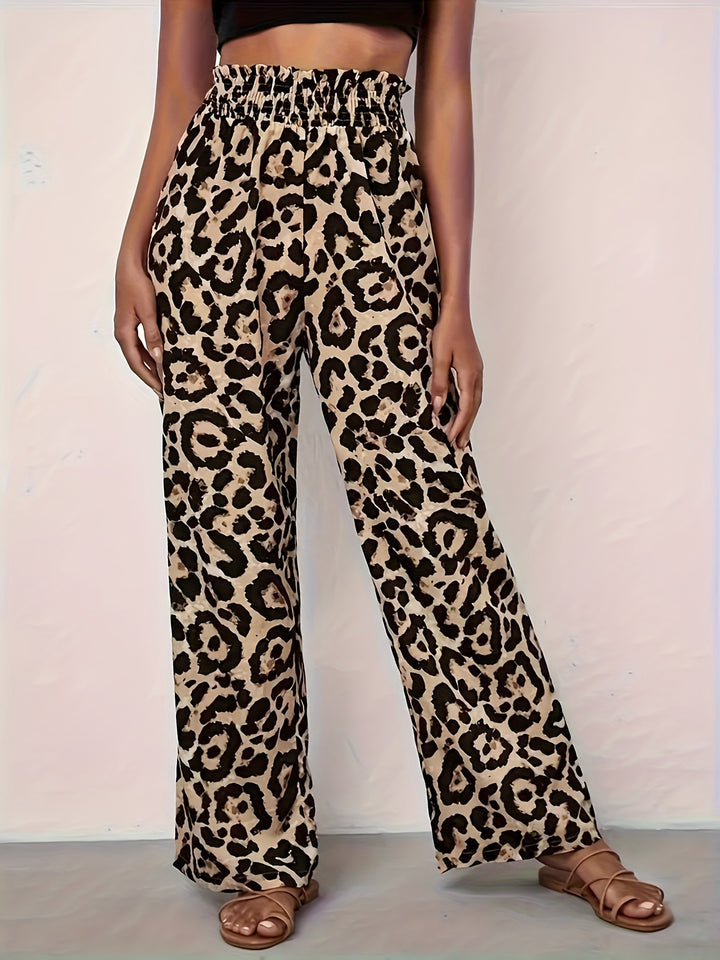 Leopard Print Elastic Waist Wide Leg Pants, Casual & Versatile High Waist Pants For Spring & Summer, Women's Clothing