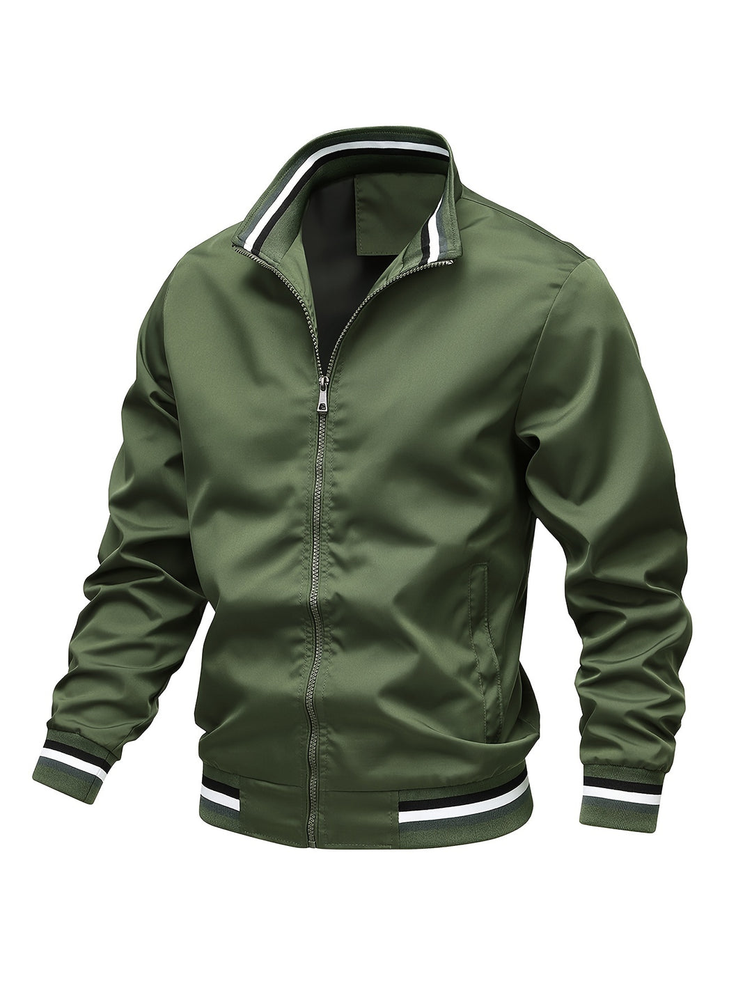 Stripe Edge Bomber Jacket, Men's Casual Stand Collar Zip Up Jacket For Spring Summer Outdoor