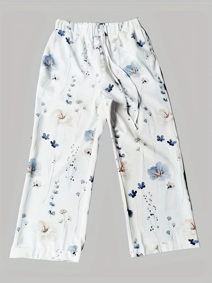 Women's Versatile Floral Drawstring Pants - Straight-Leg Style with Dual Pockets, Comfort-Fit for All Seasons, Ideal for Casual Outings and Everyday Wear