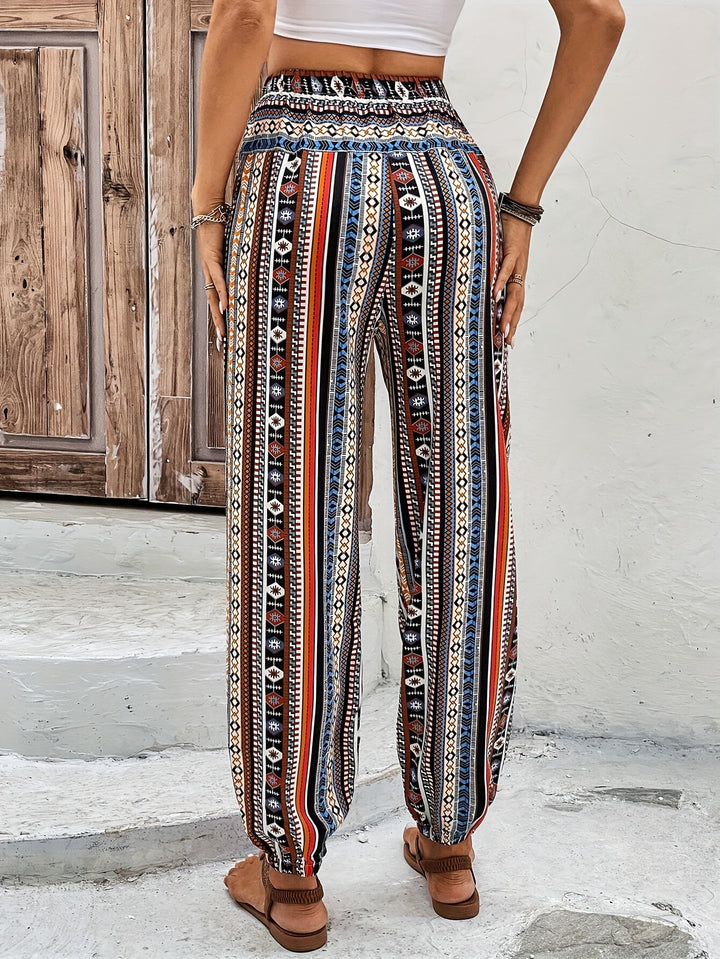 Tribal Print Drawstring Jogger Pants, Vacation High Waist Jogger Pants For Spring & Summer, Women's Clothing