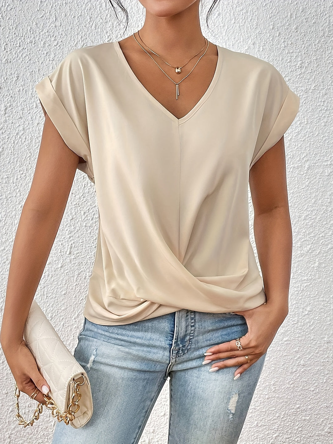 Knot V Neck T-Shirt, Casual Short Sleeve T-Shirt For Spring & Summer, Women's Clothing