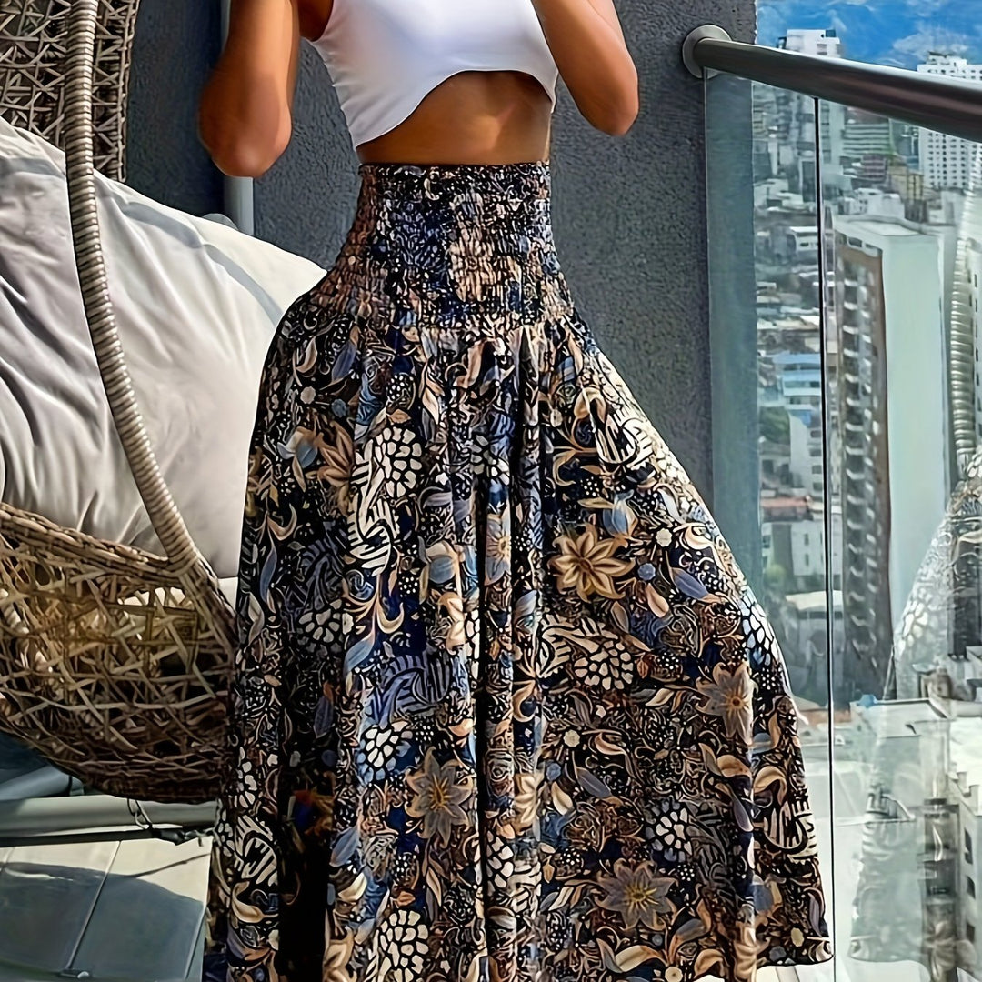 Vibrant Boho Floral Print High Waist Shirred Waist Pants - Soft, Breathable, Comfortable, Versatile, and Flattering - Perfect for Spring and Summer, Womens Casual Clothing, Ideal for Outdoor Activities and Daily Wear