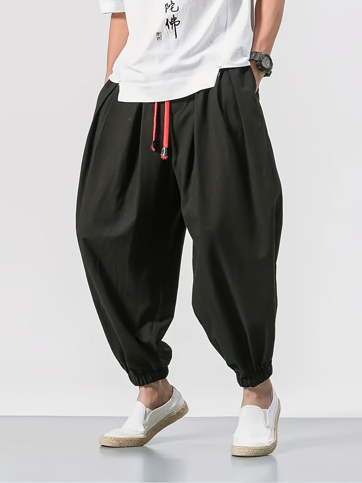 Men's Casual Solid Comfy Harem Pants With Drawstring, Hip Hop Style Trousers For Spring And Autumn