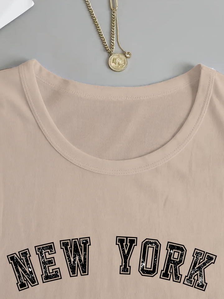 New York Print Crew Neck T-shirt, Casual Long Sleeve Top For Spring & Fall, Women's Clothing