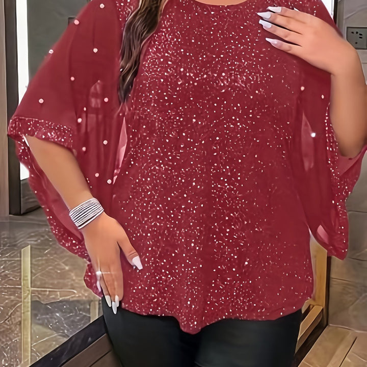 Plus Size Shiny Solid Beaded Top, Casual Crew Neck Irregular Sleeve Top For Spring & Summer, Women's Plus Size Clothing