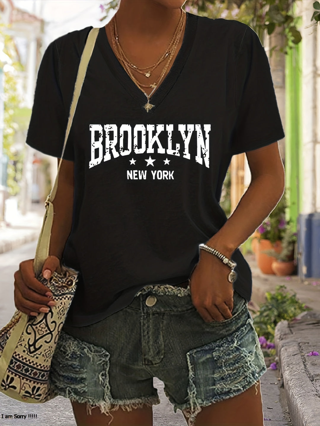 Brooklyn Print T-Shirt, Short Sleeve V Neck Summer Casual Top, Women's Clothing