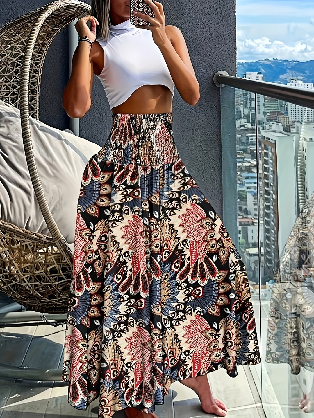 Floral Print Wide Leg Pants, Boho Shirred High Waist Loose Flare Pants For Spring & Summer, Women's Clothing