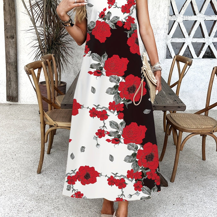 Floral Print Pocket Dress, Casual Pocket Waist Summer Swing Long Dresses, Women's Clothing