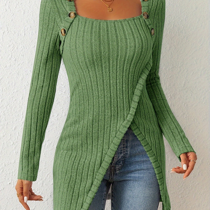 Square Neck Slim Fit Knit Button Decor Slit Hem Slim Fit Casual Long Sleeve T-shirt