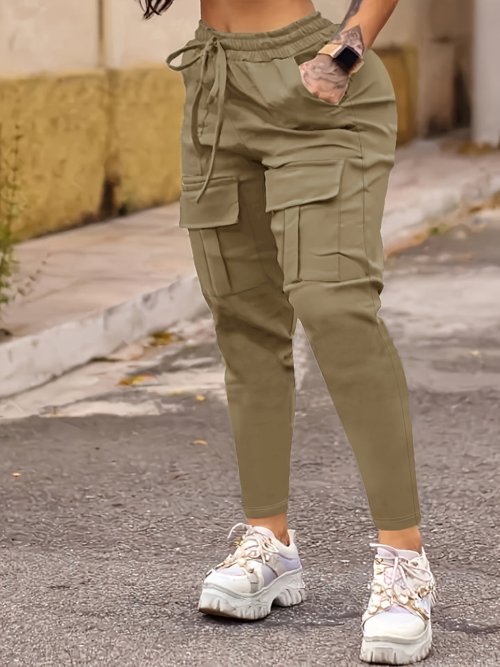 Womens Fashionable Solid Flap Pocket Cargo Jogger Pants - Comfortable Drawstring Waist for Spring & Fall - Trendy Everyday Wear