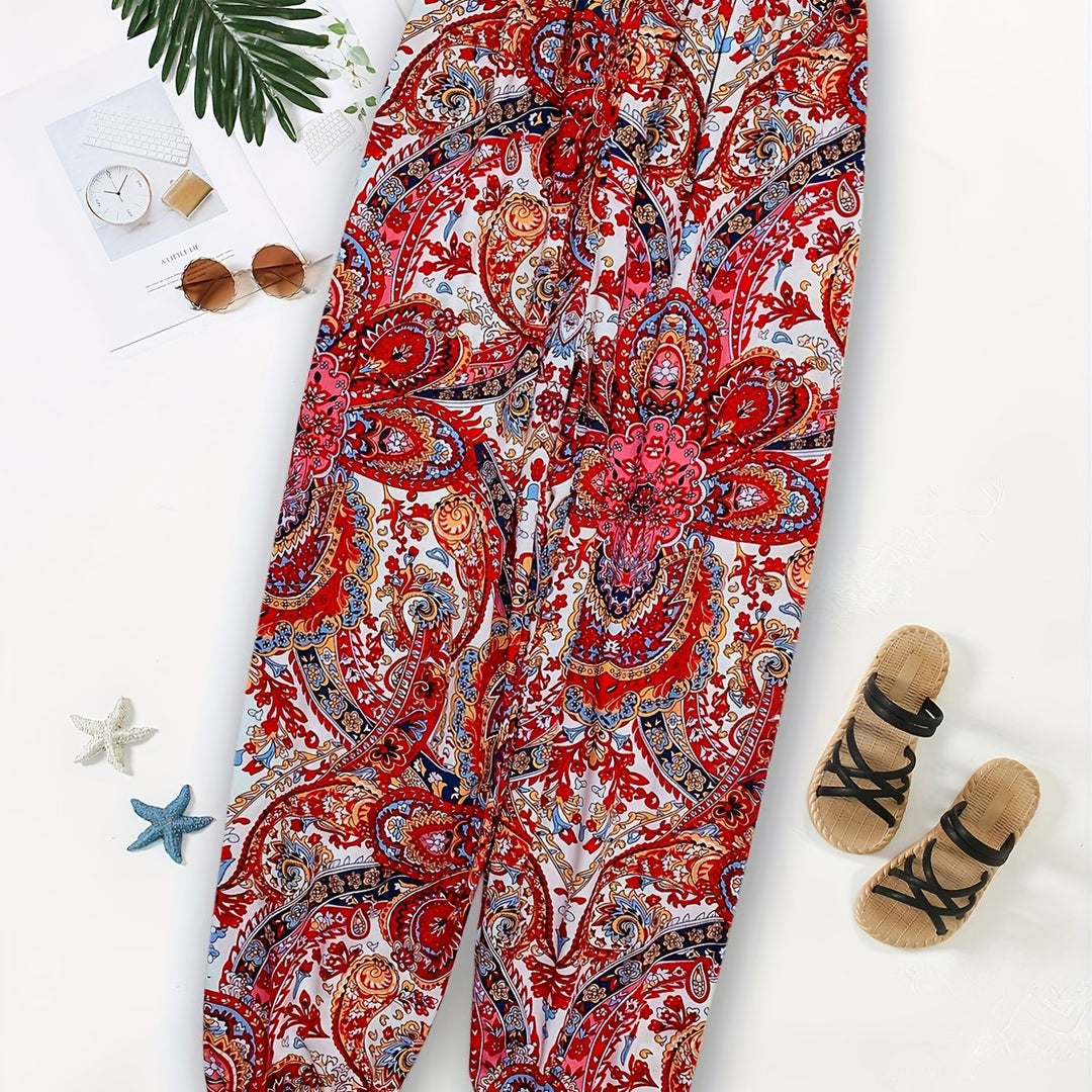 Ethnic Print Pants, Boho Elastic Waist Long Length Pants, Women's Clothing