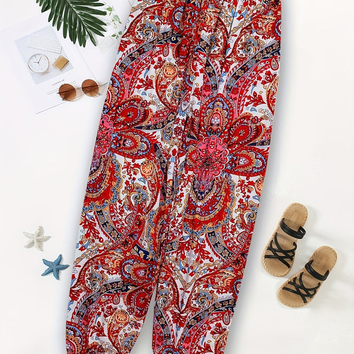 Ethnic Print Pants, Boho Elastic Waist Long Length Pants, Women's Clothing