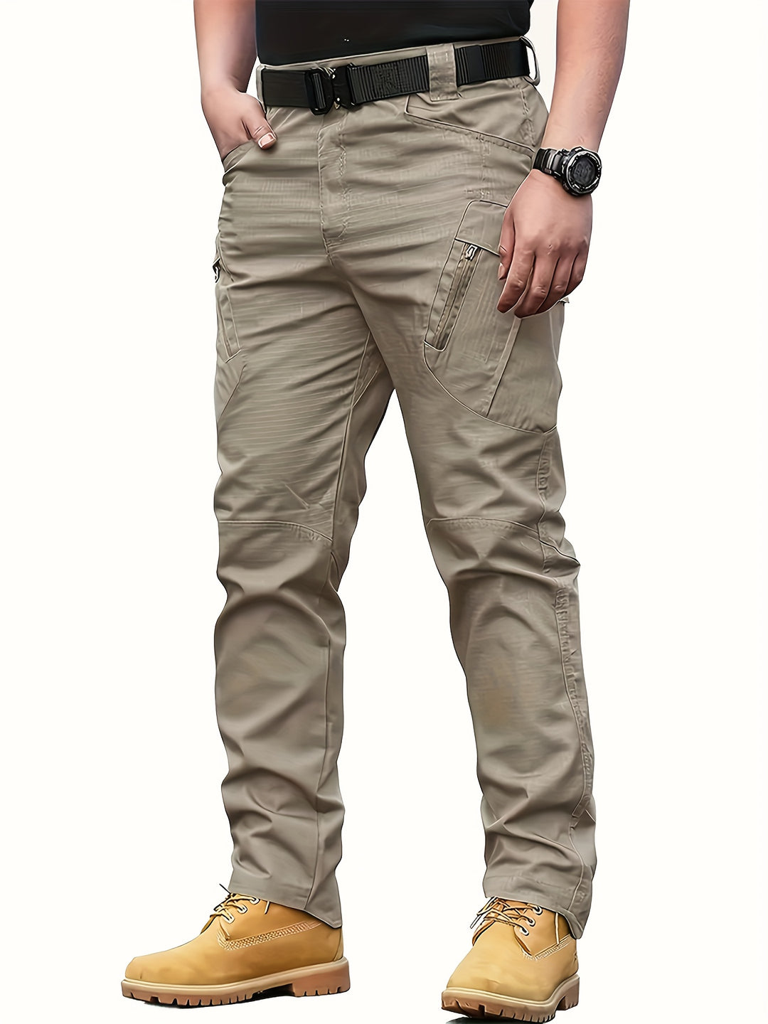 Men's Tactical Pants with Multiple Pockets, Solid Color Polyester, Machine Washable - All Seasons