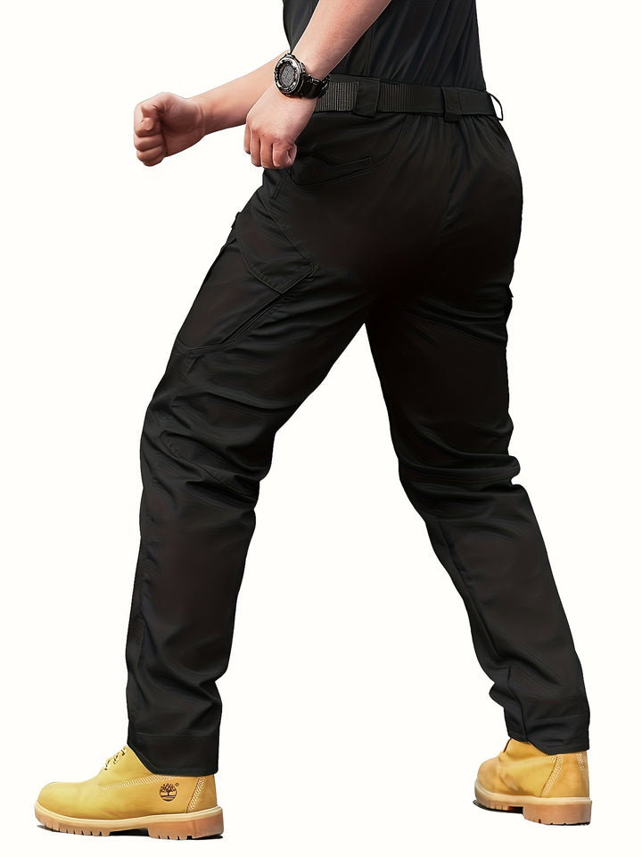 Men's Tactical Pants with Multiple Pockets, Solid Color Polyester, Machine Washable - All Seasons