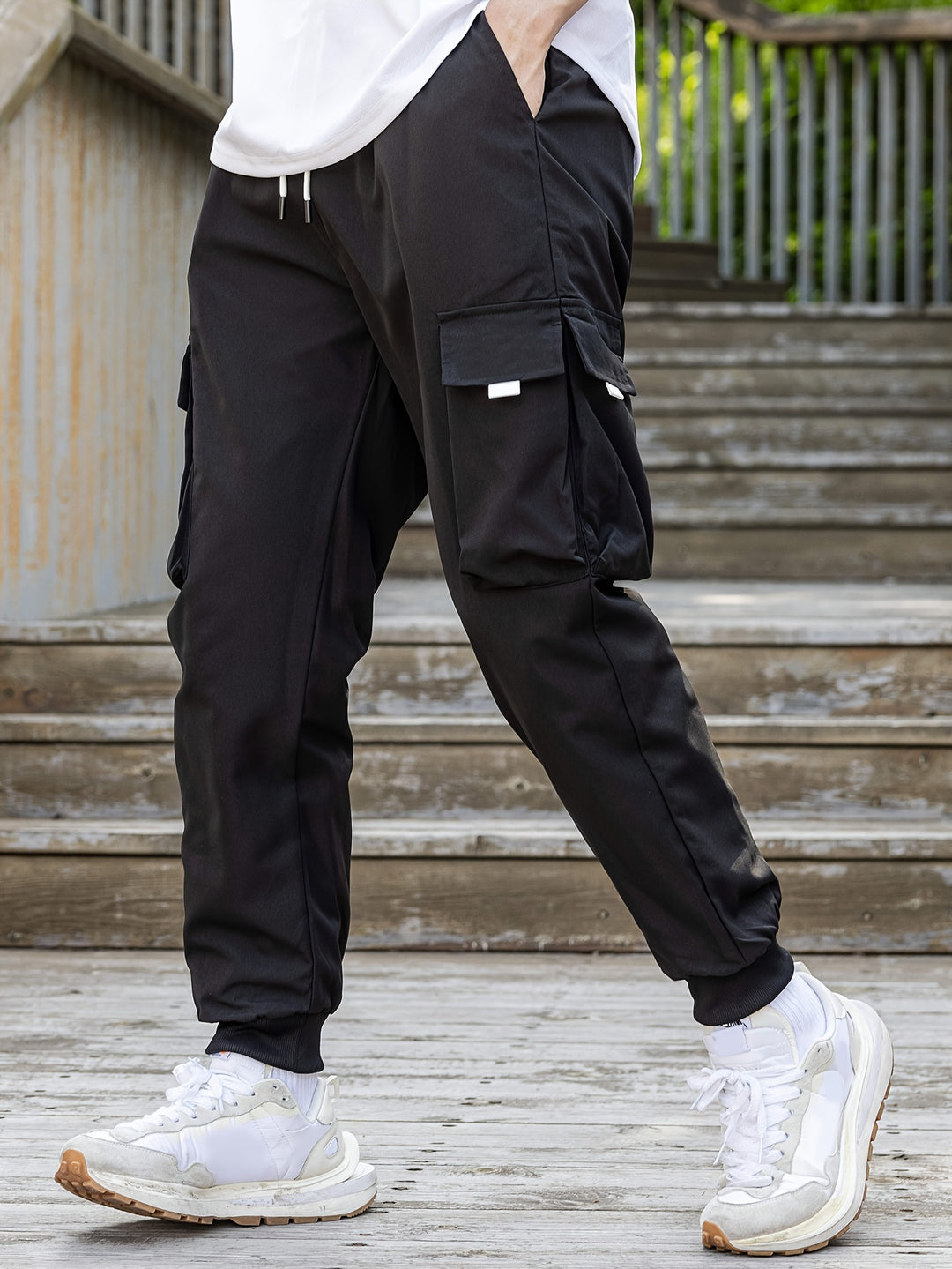 Loose Men's Comfy Cargo Pants With Flap Pockets, Drawstring Jogger Pants