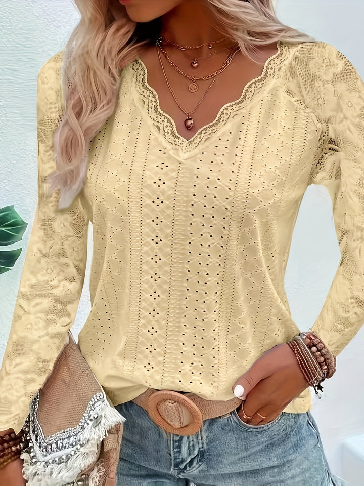 Contrast Lace V-neck Eyelet T-Shirt, Elegant Long Sleeve T-Shirt For Spring & Fall, Women's Clothing