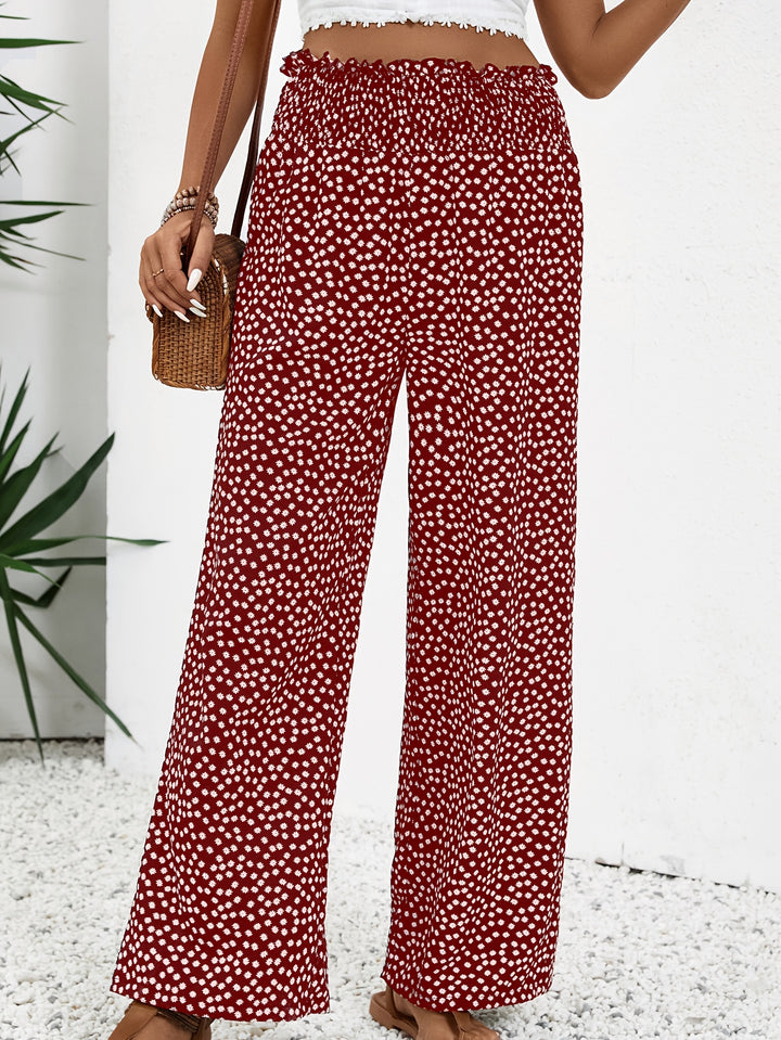 Allover Print Wide Leg Pants – Casual Shirred Waist