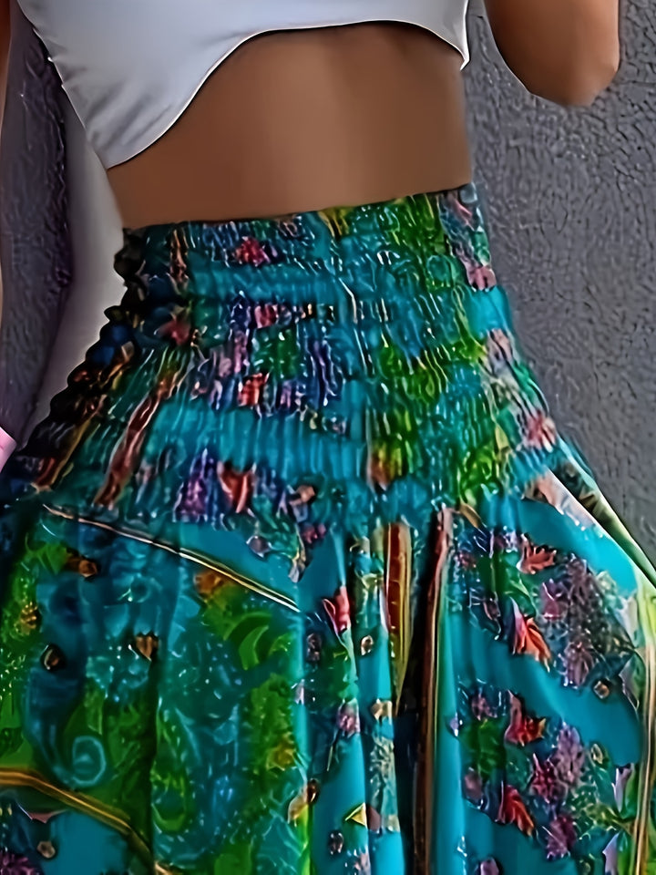 Floral Print Wide Leg Pants, Boho Shirred High Waist Loose Flare Pants For Spring & Summer, Women's Clothing