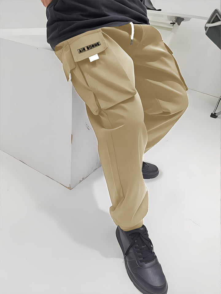 Loose Men's Comfy Cargo Pants With Flap Pockets, Drawstring Jogger Pants