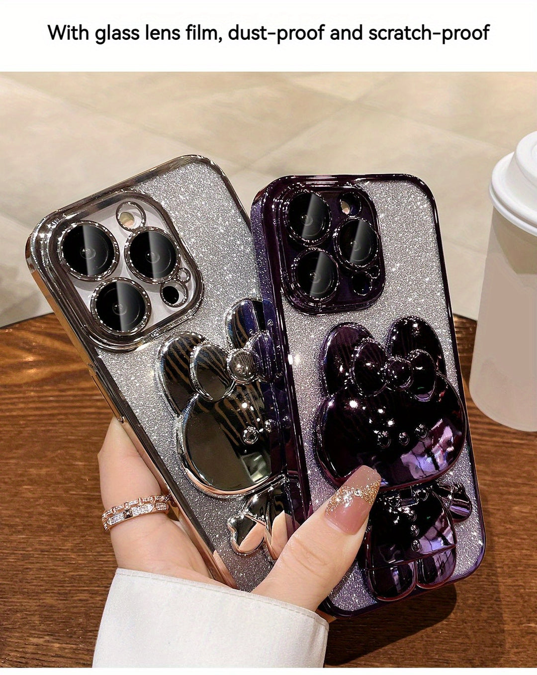 Kawaii Cat Invisible Make-up Mirror Bracket With Lens Film Gradient Flash Powder Advanced Sense All-inclusive Anti-fall Phone Case For Apple Iphone