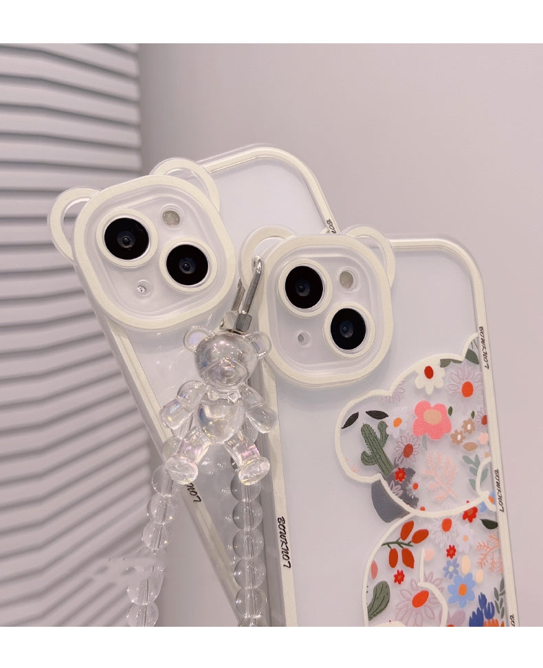 Cute Cartoon Bear & Flower Pattern Phone Case with Bead Bracelet for iPhone 13/11/14 Pro Max/12 XR/XS/7/8 Plus SE 2020/2022 SE/Mini 2022