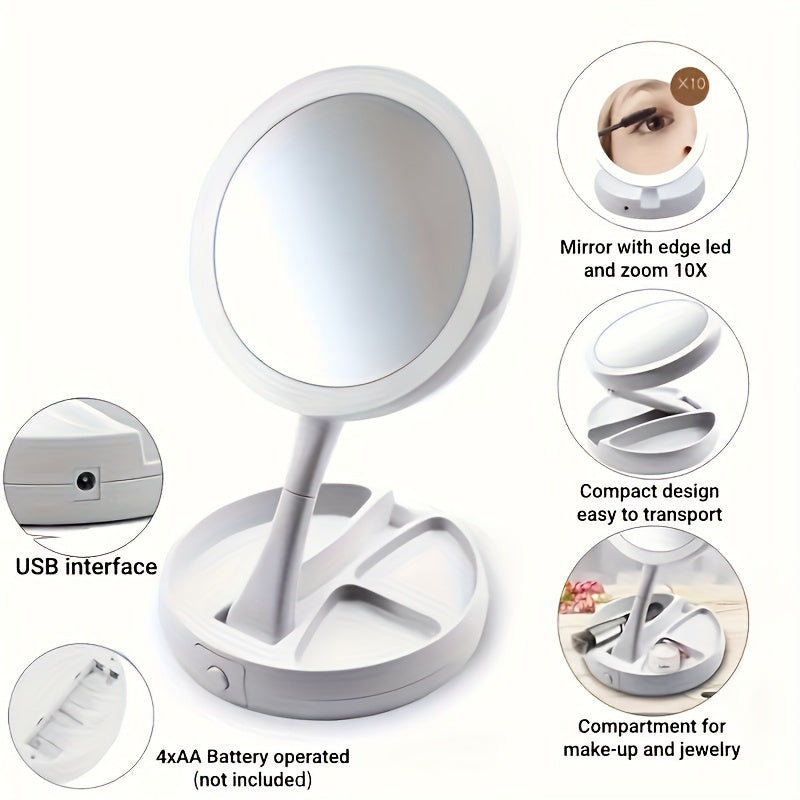 Foldable LED Vanity Mirror – 1X/10X Magnification with Storage