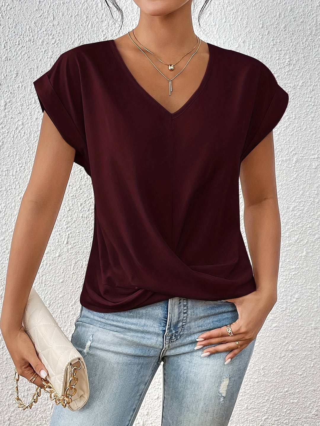 Knot V Neck T-Shirt, Casual Short Sleeve T-Shirt For Spring & Summer, Women's Clothing