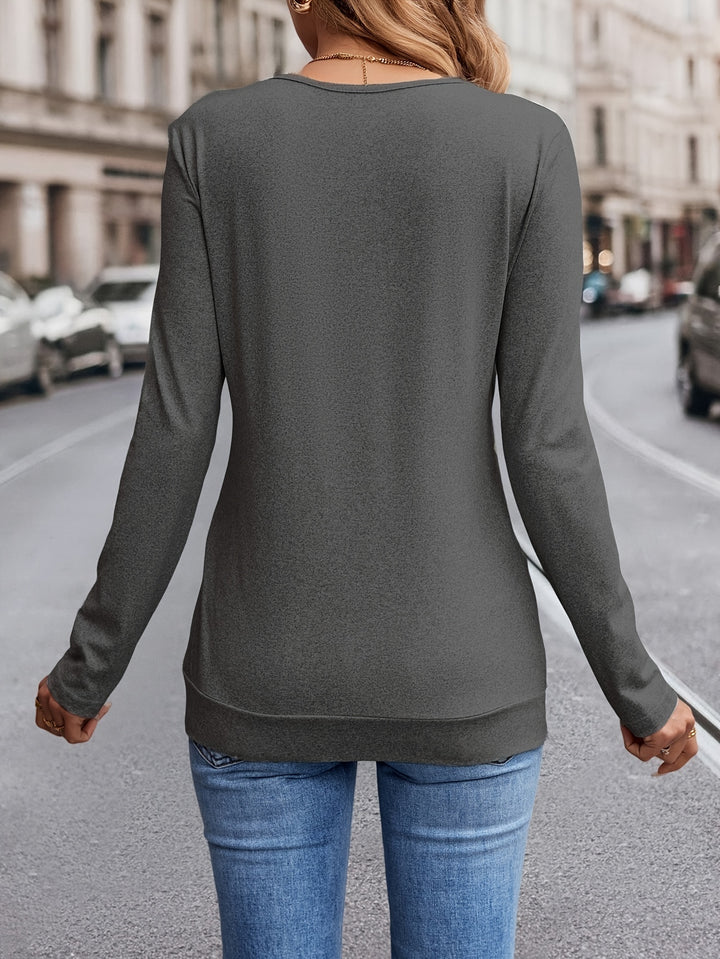 Button Decor V Neck T-Shirt – Women's Long Sleeve