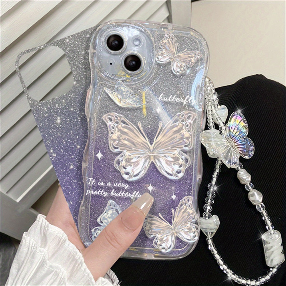 Luxury Romantic Wave Glitter Butterfly Soft Phone Case for iPhone 14 Pro Max 12 Pro 13 11 Clear Cover with Chain Lanyard