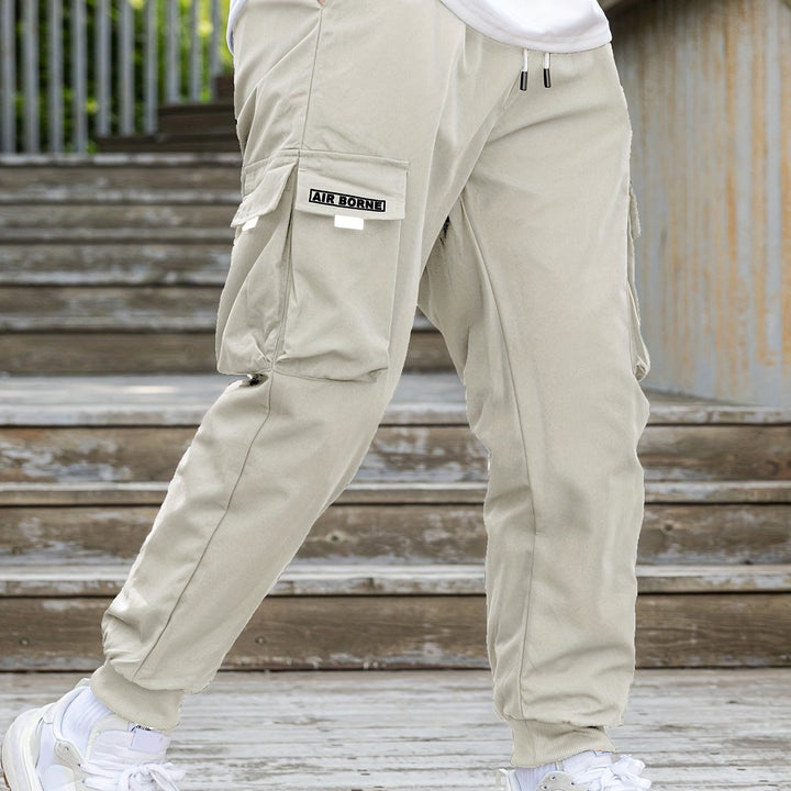 Loose Men's Comfy Cargo Pants With Flap Pockets, Drawstring Jogger Pants