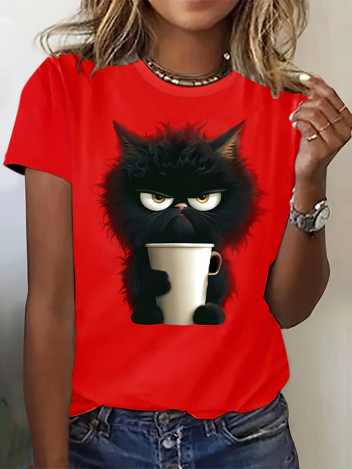 Vibrant Cat Pop Art Print Short Sleeve Crew Neck T-shirt - Soft Mid-Elasticity Polyester Knit Fabric, Regular Length, Casual Summer Top for Women - Perfect for Spring and Summer Outings