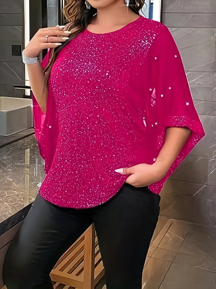 Plus Size Shiny Solid Beaded Top, Casual Crew Neck Irregular Sleeve Top For Spring & Summer, Women's Plus Size Clothing