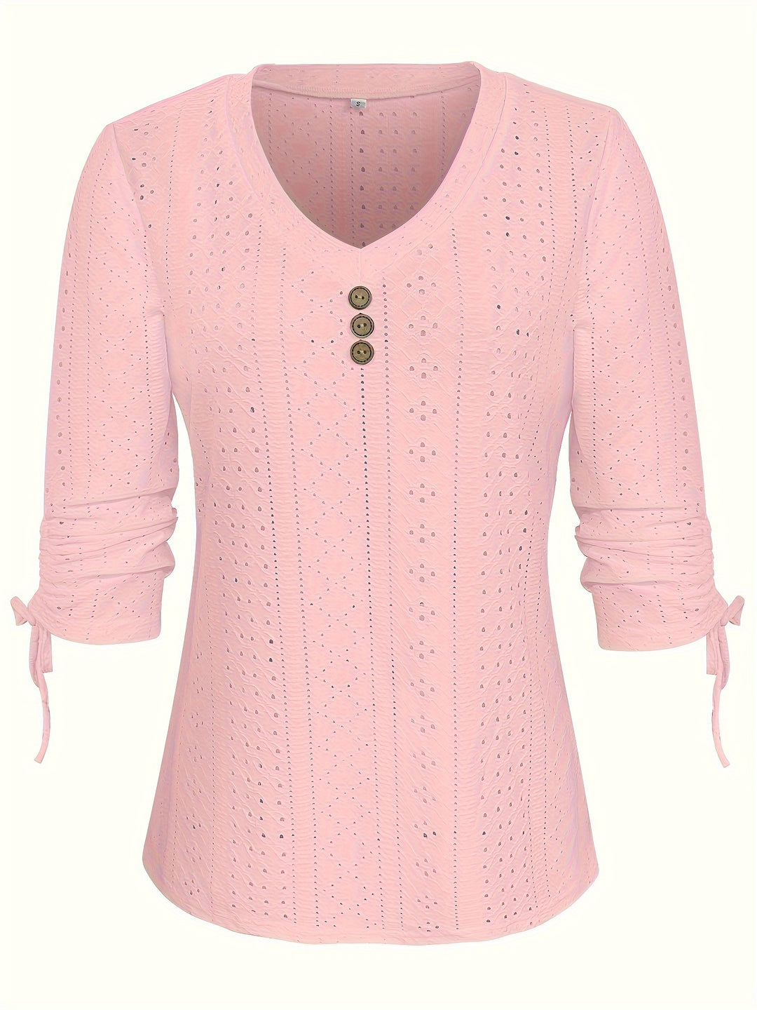 Eyelet V Neck Button T-Shirt, Casual Ruched Drawstring Long Sleeve T-Shirt, Women's Clothing