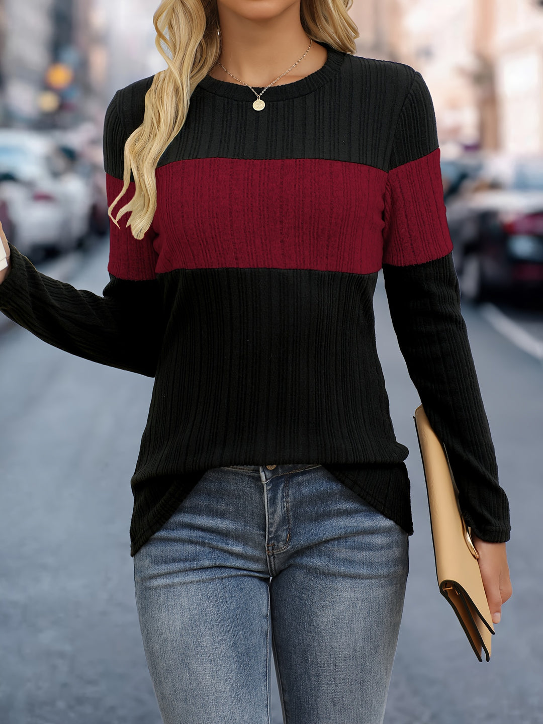 Color Block Crew Neck Top, Casual Long Sleeve Top For Fall & Winter, Women's Clothing