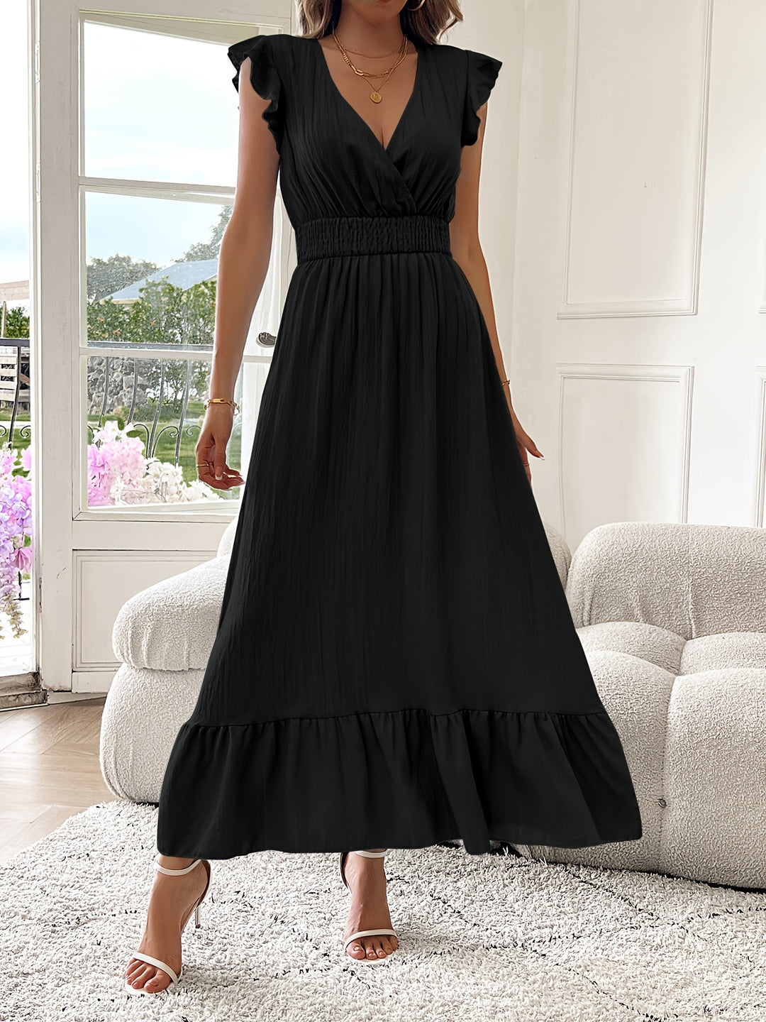 Elegant Surplice Neck Ruffle Sleeve Dress