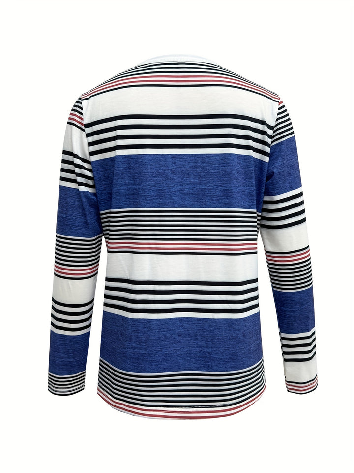 Elegant Women's Striped Long Sleeve T-Shirt with Chic Button Detail - Crew Neck, Comfort Fit, Machine Washable - Perfect for Daily Wear