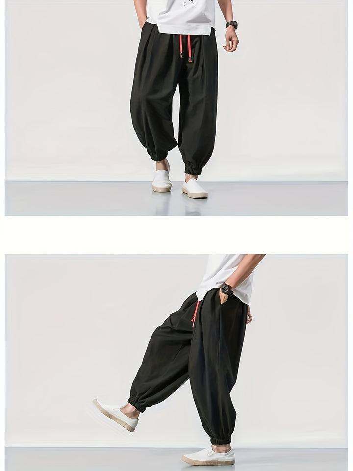 Men's Casual Solid Comfy Harem Pants With Drawstring, Hip Hop Style Trousers For Spring And Autumn