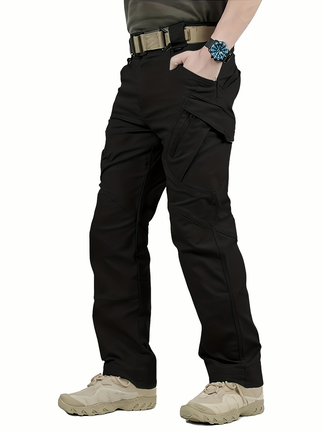 Men's Tactical Pants with Multiple Pockets, Solid Color Polyester, Machine Washable - All Seasons