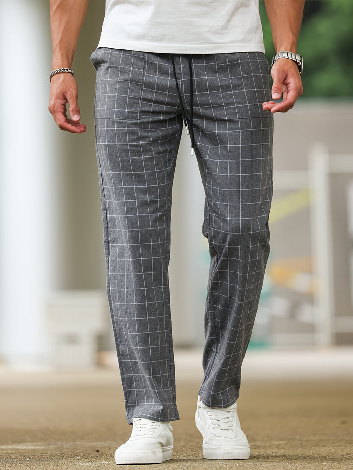 Men's Casual Striped Plaid Pants - Polyester, Drawstring Waist, Perfect for Spring/Fall