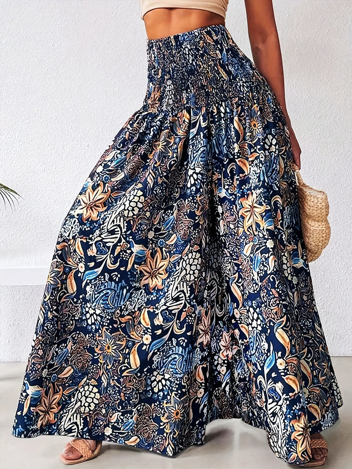 Floral Print Wide Leg Pants, Boho Shirred High Waist Loose Flare Pants For Spring & Summer, Women's Clothing