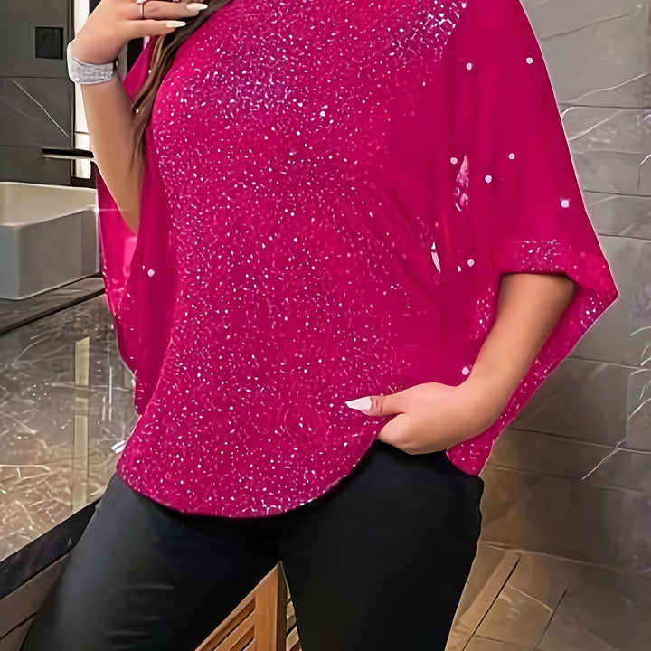 Plus Size Shiny Solid Beaded Top, Casual Crew Neck Irregular Sleeve Top For Spring & Summer, Women's Plus Size Clothing