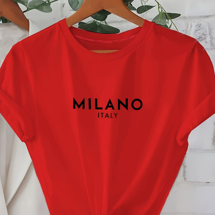 Milano Letter Print T-shirt, Casual Crew Neck Short Sleeve Top For Spring & Summer, Women's Clothing